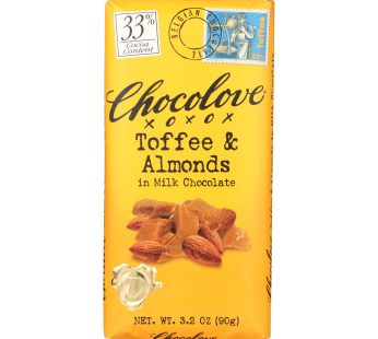 Chocolove Xoxox – Premium Chocolate Bar – Milk Chocolate – Toffee And Almonds – 3.2 Oz Bars – Case Of 12