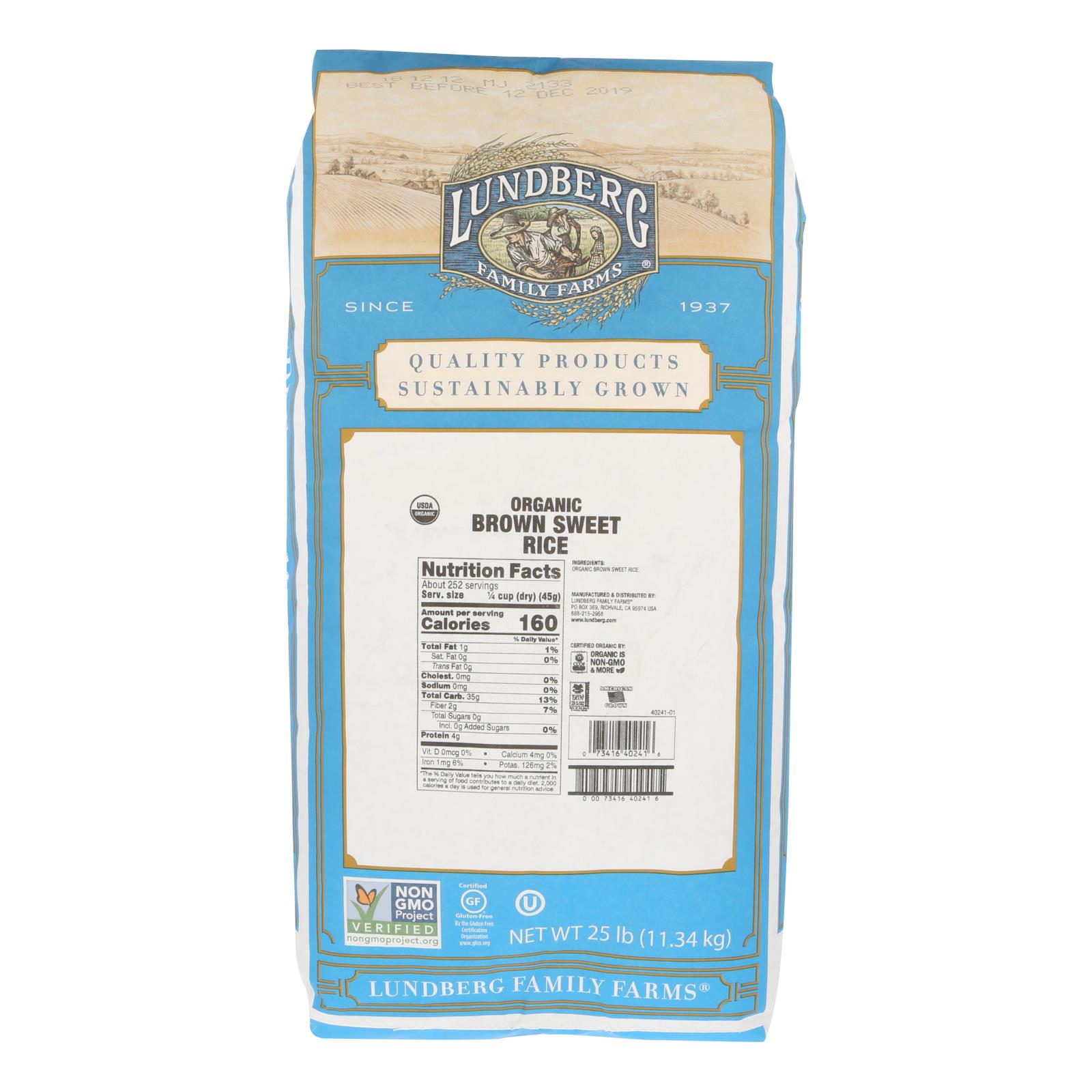Lundberg Family Farms Organic Brown Sweet Rice - Case Of 25 Lbs